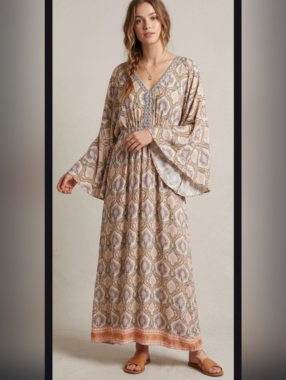 World Market Boho Caftan Paisley Pink Yellow Maxi Dress S M